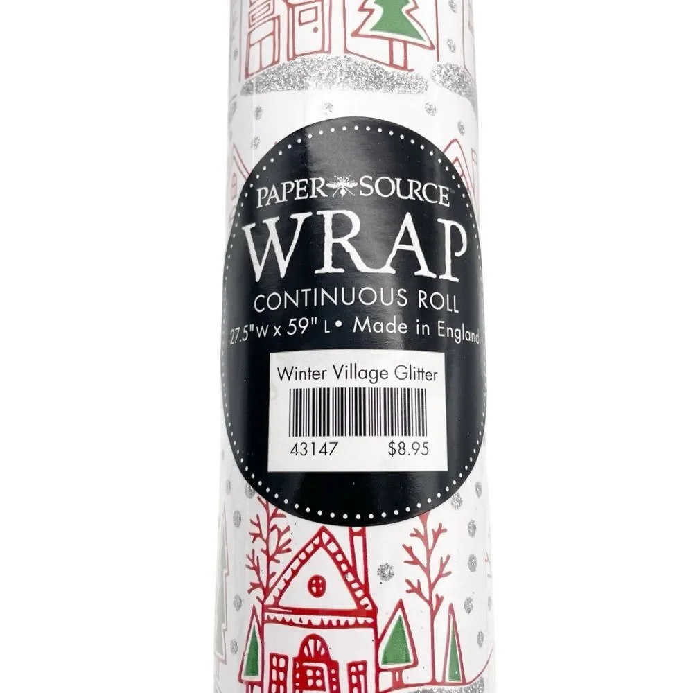 NWT Paper Source Winter Village Glitter Wrapping Paper Roll 27.5”x59” Red White